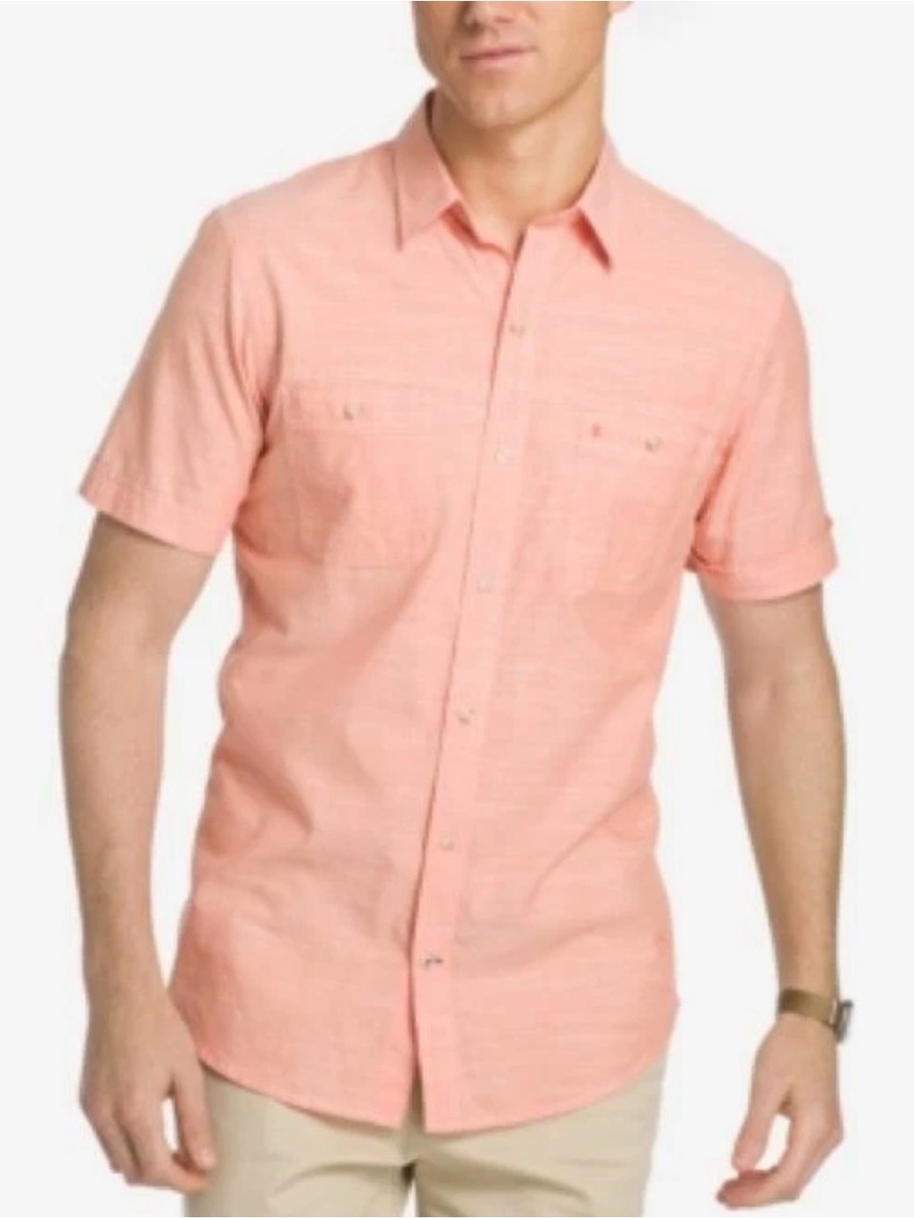 IZOD Saltwater Relaxed Classics Short Sleeve Button Up Shirt Peach Salmon L